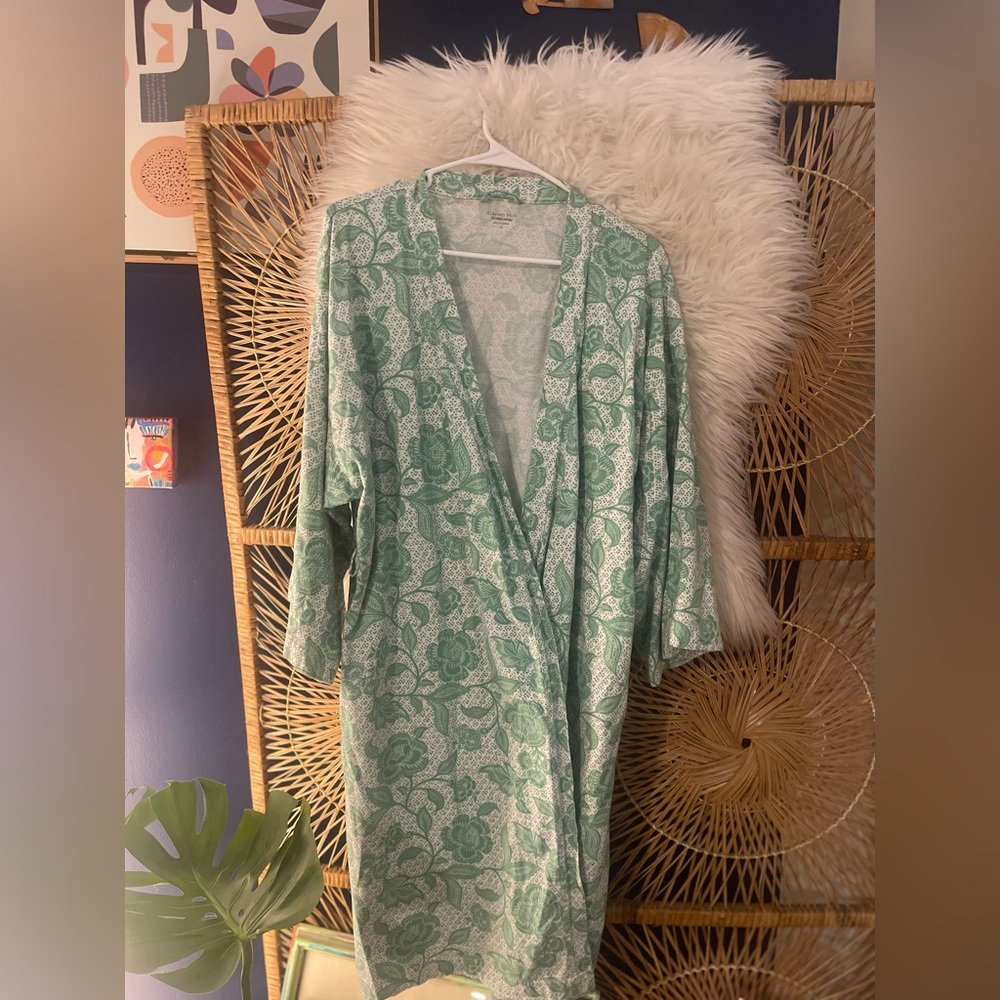 Garnet Hill Womens Asian Wrap Organic Cotton Robe Green Floral Cottagecore M - Picture 2 of 10